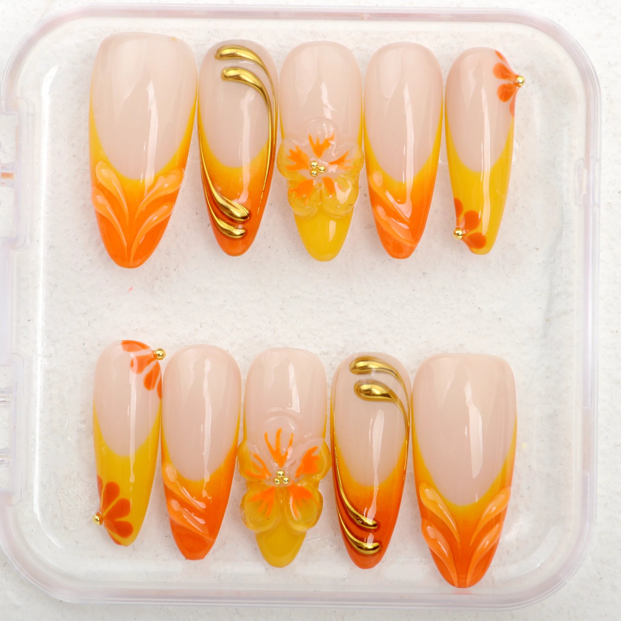 

10Pcs 3D Flower Press On Nail,Custom nails,Handpainted Nail,Gel Nails,Faux Acrylic Nails,Gold Chrome Nails Autumn,y2k nails