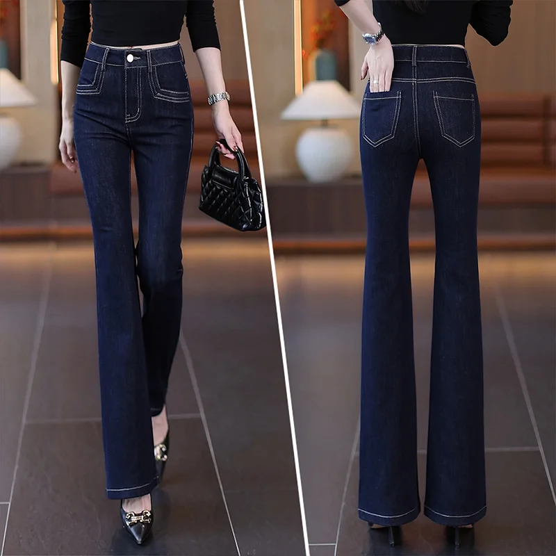 

Темно-синие джинсовые расклешенные брюки для женщин, весенне-осенние новые облегающие брюки с высокой талией, модные расклешенные брюки Bootcut