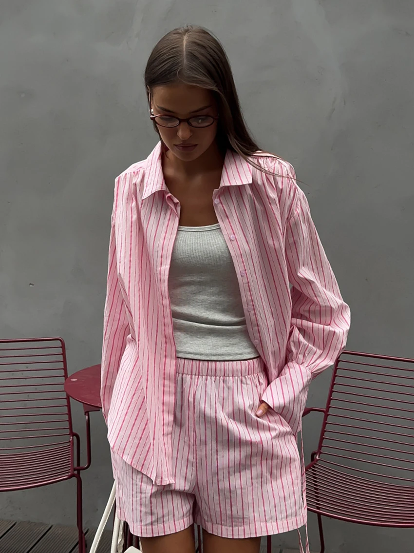 

Marthaqiqi Striped Women Pajamas Suit Turn-Down Collar Sleepwear Long Sleeve Nightgown Shorts Winter Casual Ladies Nightwear Set