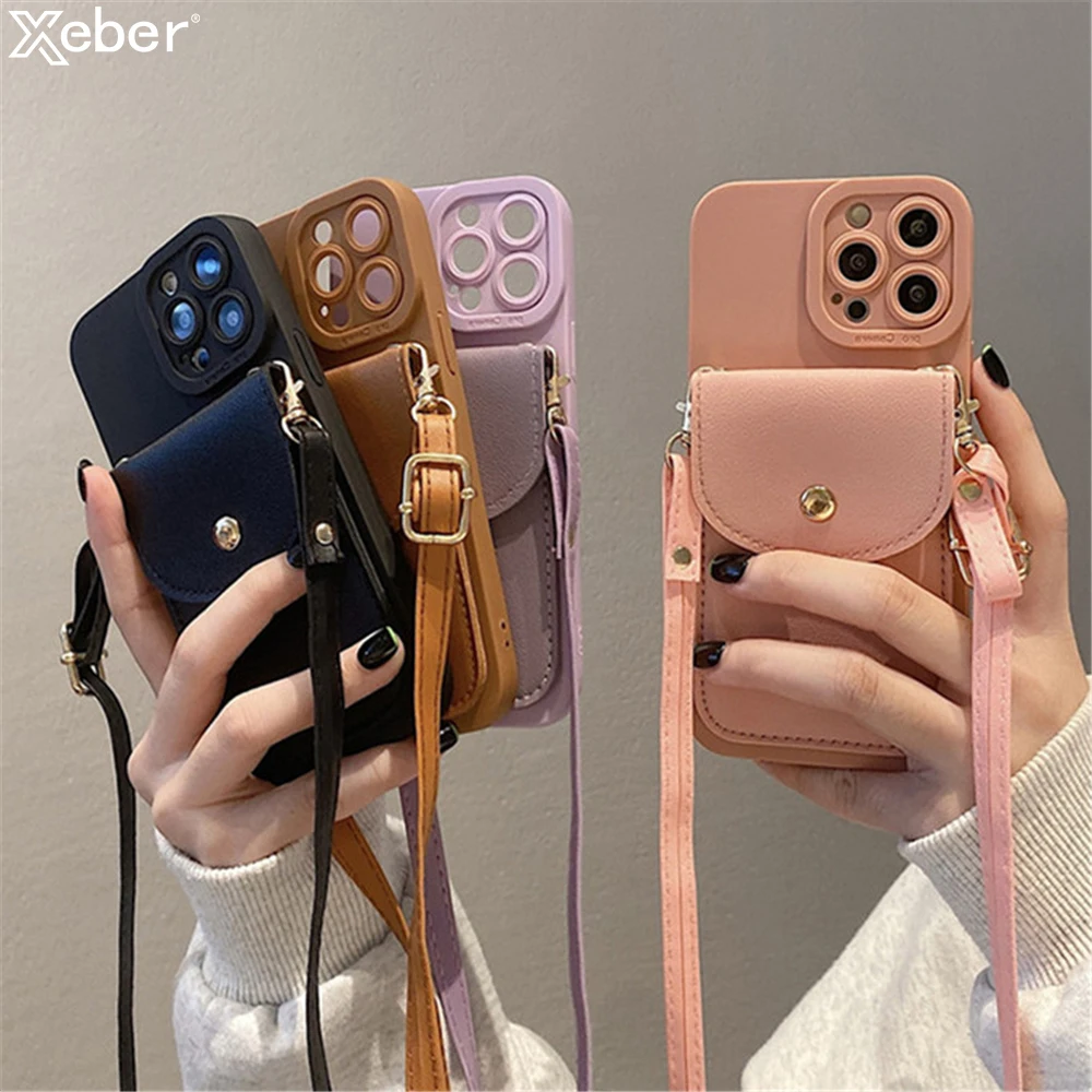 Crossbody Lanyard Slot Card Leather Wallet Phone Case For iPhone 15 Pro Max 14 13 12 Necklace Strap Rope Cord Silicone Cover