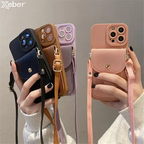 Crossbody 매는 밧줄 슬롯 카드 가죽 지갑 전화 케이스 iPhone 16 15 Pro Max 14 13 12 목걸이 스트랩 로프 코드 실리콘 커버