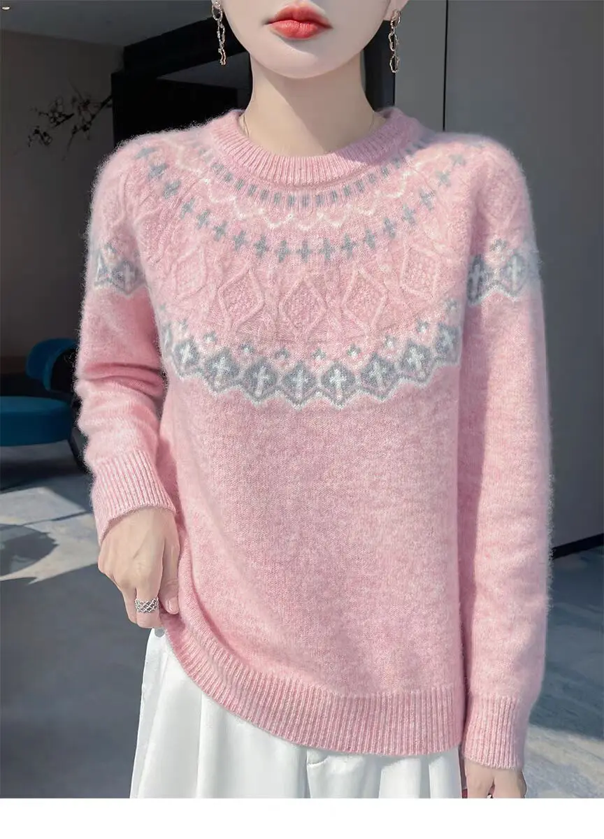 

Luxury Women's Wool Blend Jacquard Sweater Cashmere Round Neck Knit Pullover Casual Soft Comfortable Warm Long Sleeve Top F480