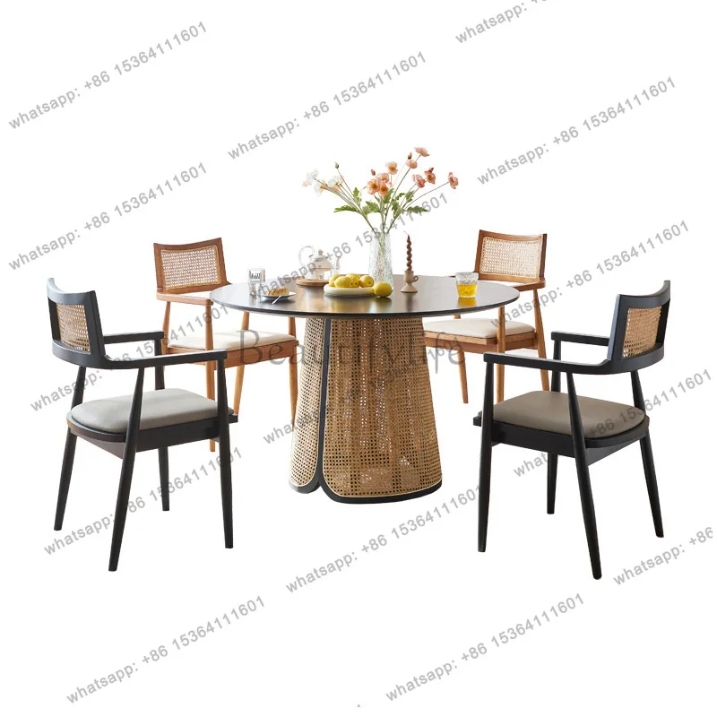

Wabi-sabi rattan dining table and chair combination Nordic light luxury retro round table