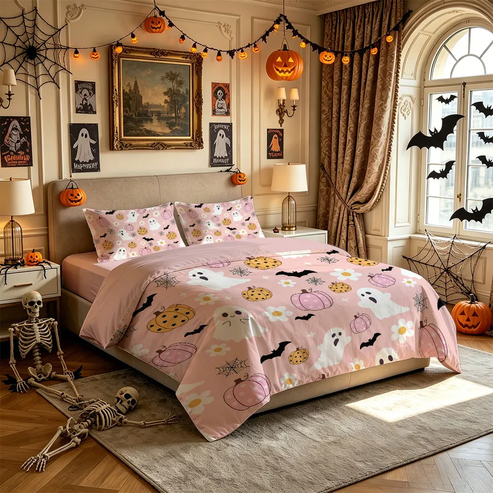3PCS Ghost Pumpkin Bat Spider Web Floral Bedding Set,1 Duvet Cover+2 Pillowcases,No Filling,Soft Comfortable Fabric,Machine W
