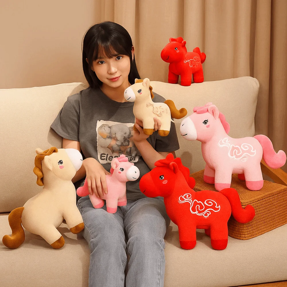 Figurine de cheval du zodiaque, année du cheval, peluche douce, réaliste, Animal en peluche, lettre imprimée, cheval décoratif, décoration de maison, 2026