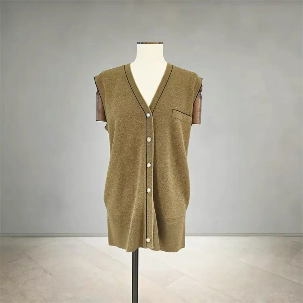 Lemon Cheese MIC26 Fashion V-Neck Loose Slim Fit Knitted Straight Tube Sleeveless Vest Button up Cardigan Style Women's Knitwear