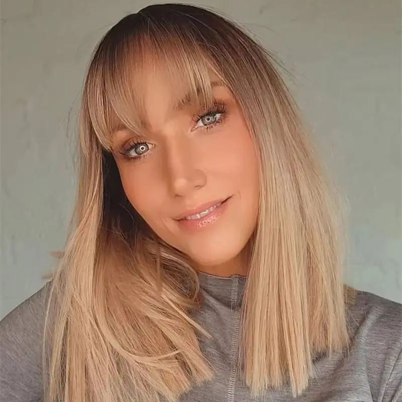 Neu in kurzen Bob gerade Echthaar Perücke mit Pony Ombre Asche blonde brasilia nische Spitze Front Perücken Fransen für Frauen leimlos