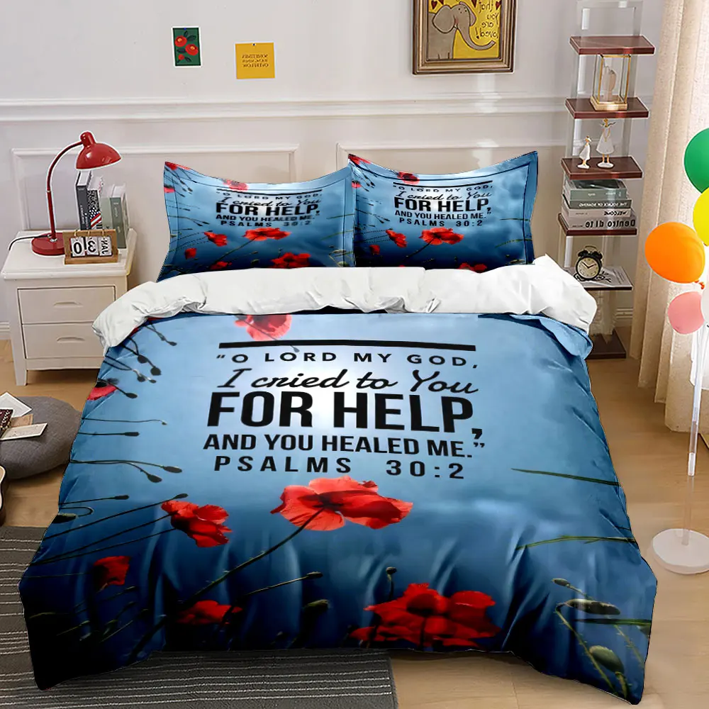 Red Poppy Sky Psalm Bible Verse Bedding Set, Healing Floral Scripture Print Duvet Cover 2 Pillowcases Single Double King Queen