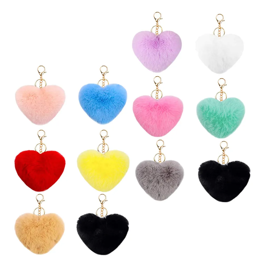 

12Pcs Heart Pom Pom Keychain Accessories Compact Decorative Bag Pendant Cute Car Key Ring Charm Keychain