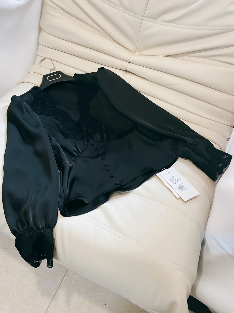 

Ele Bla Шелковая атласная блузка Французский Sle Slim Fit Long Sve V Ne Кружевная аппликация Благородный ретро Сексуальный топSpring Faion