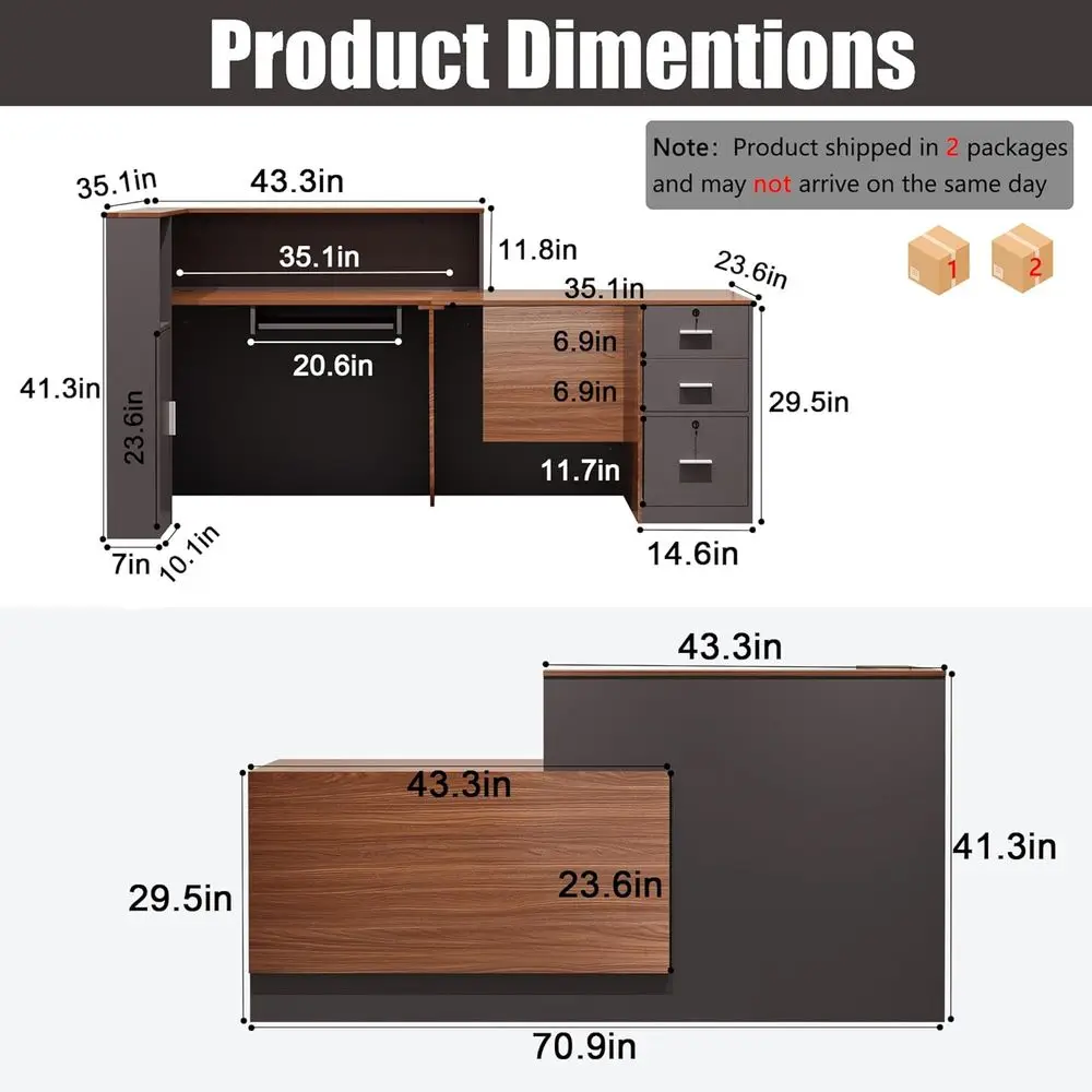 L-Shaped Retion Desk,Larront Desk with Keyoard Tray, Lockale Ders & ile Cainet, Retionist Desk or Checkout,Loy (Right L-Walnut/G