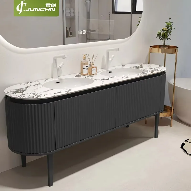 Dark Grey Ripple Wood Bathroom Cabinet, Double Undermount Sink Luxury Bathroom Vanity Set