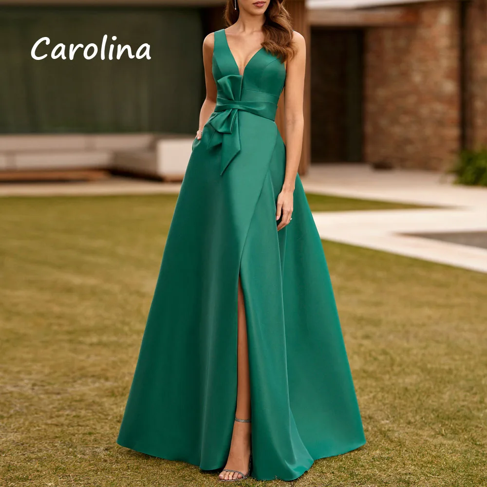 Carolina Simple Green Deep V-Neck Long Evening Dresses for Women Satin Backless Side Split Floor-Length 2024 Formal Party Gowns