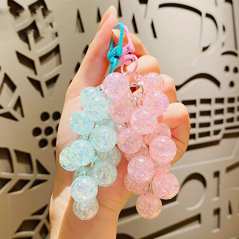 Creative Burst Crystal Grape Pink Beaded Key Chain Cute Girl Heart Fruit Grape Keychain Jewelry Bag Pendant Couple Keyring Gift