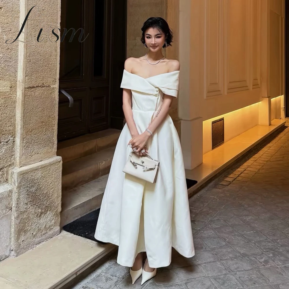 Lism Simple A Line Ivory Satin Wedding Dresses Korea Photoshoot Off Shoulder Ankle-Length Bridal Gowns Mariage 2027 Customized