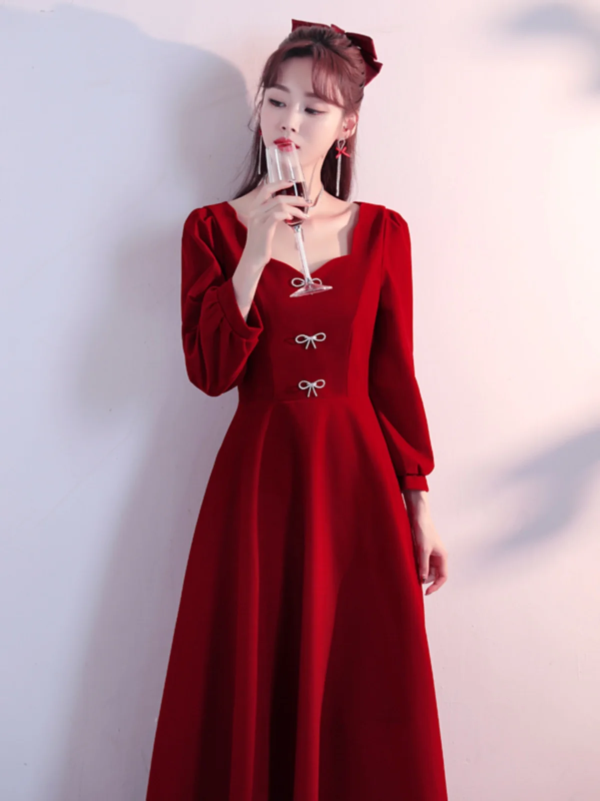 Ele Long Red Evening Dr for Wedding Thank You Banquet Engagement Par Women's Faionable Ele Zipper Sle Dr