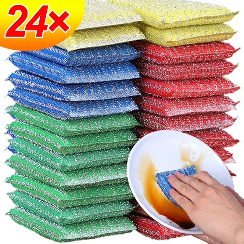 4/24PCS Steel Wire Sponge Wipe Blue Green Thickened Fine Stripe Washing Brush Non Stick Pot Cleaning Sponges Kitchen Gadgets