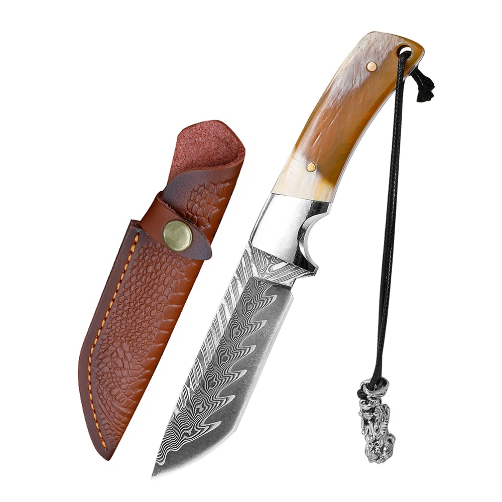 

Fixed Blade Knives Damascus Steel Natural Ox Horn Handle Outdoor Camping Knife Utility Tool Survival Knife Rescue Knife EDC