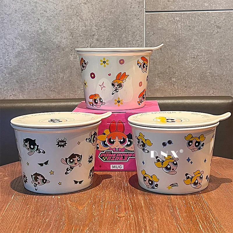 The Powerpuff Girls Character Peripheral Ceramic Ramen Bowl With Cover Tableware Salad Bowl Large Capacity Household Soup Bowl