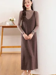 100% Merino Wool Women's Dress, V-Neck, Sleeveless, Loose, Warm, Knitted, Elegant, Buttons, Vest, Long, Basic, Autumn/Winter2024