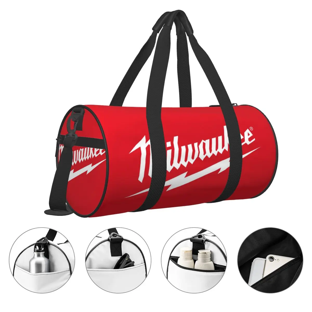 Popular bolsa de viaje redonda de gran capacidad con logotipo W-milwaukeed, bolsa de viaje de mano, bolsa de equipaje de almacenamiento ligera