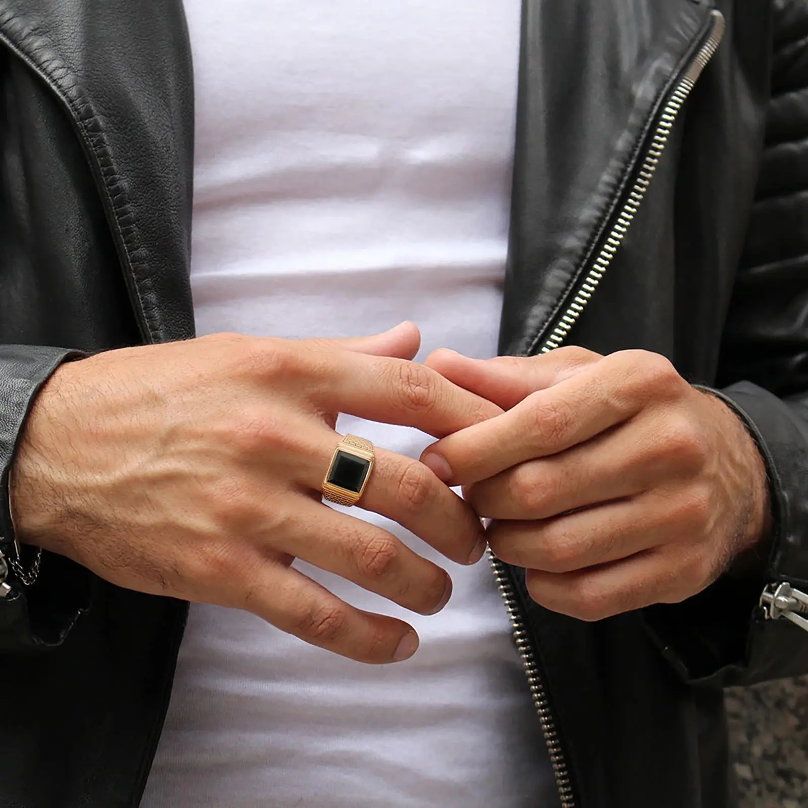 Black Stone Mens Signet Ring, Stylish Gold Color Stainless Steel Statement Ring, Husband Dad Christmas Gifts for Him