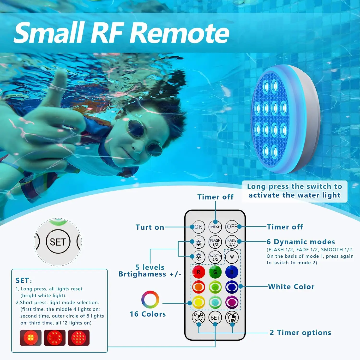 Luzes LED subaquáticas para festa no jardim, acessórios para piscina, RGB, 16 cores, IP68 impermeável