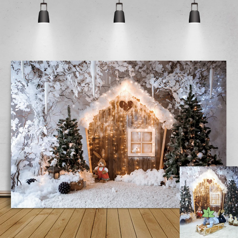 Laeacco Winter Backgrounds For Photography Snow Pine Village Yard Merry Christmas Doll Child Scenic Photo Backdrop Photo Studio