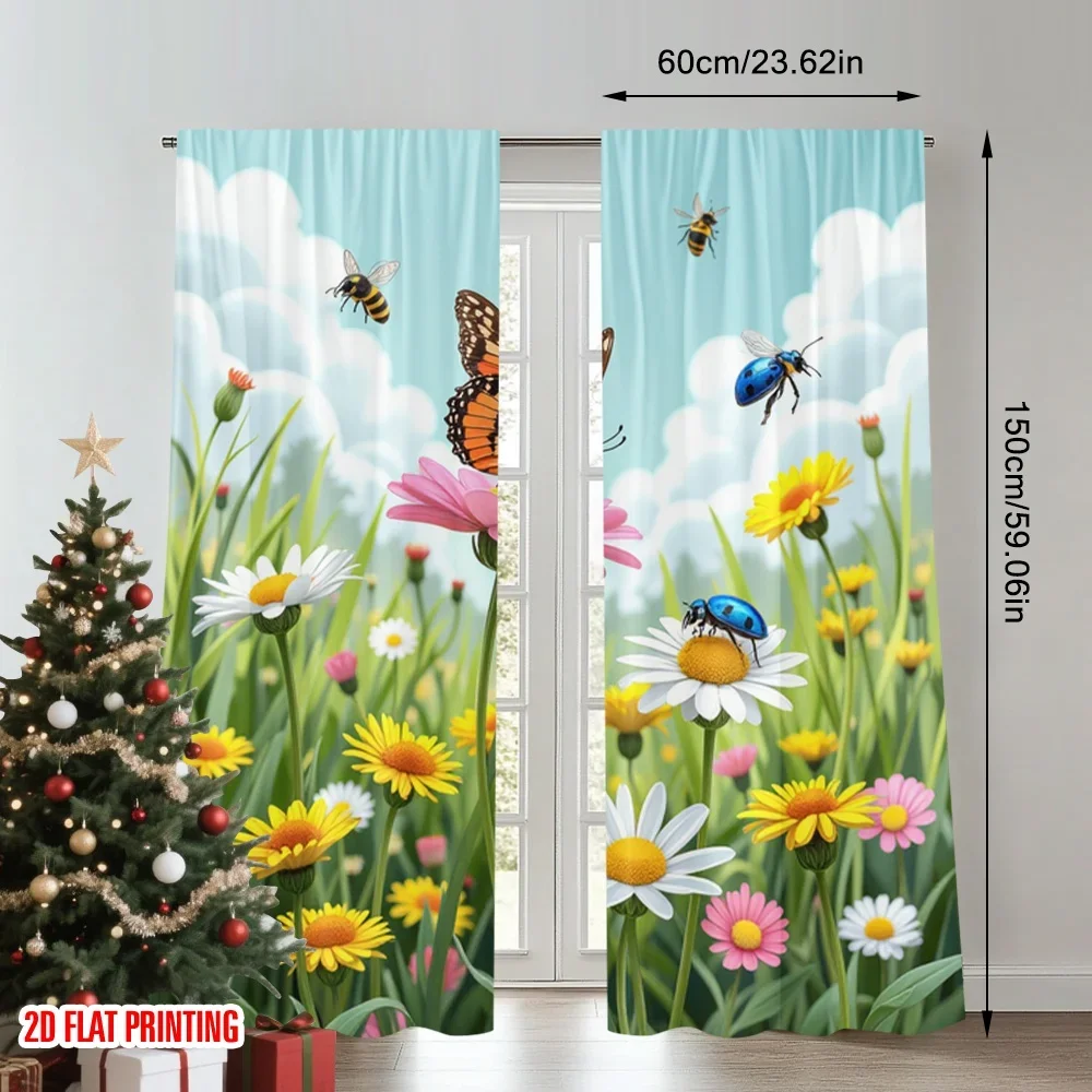 2pcs 2D flat printing Drapes Summer Meadow Insects Butterfly Beetle Digital Printed Polyester Drapes Holiday Decorations Perfect
