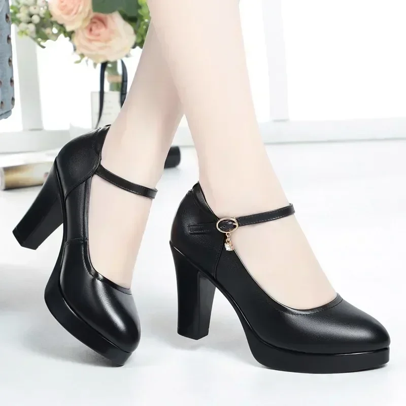 

2025 New Women's High Heels Spring Casual Comfortable High Heels Women's Black Leather Shoes Zapatos De Mujer