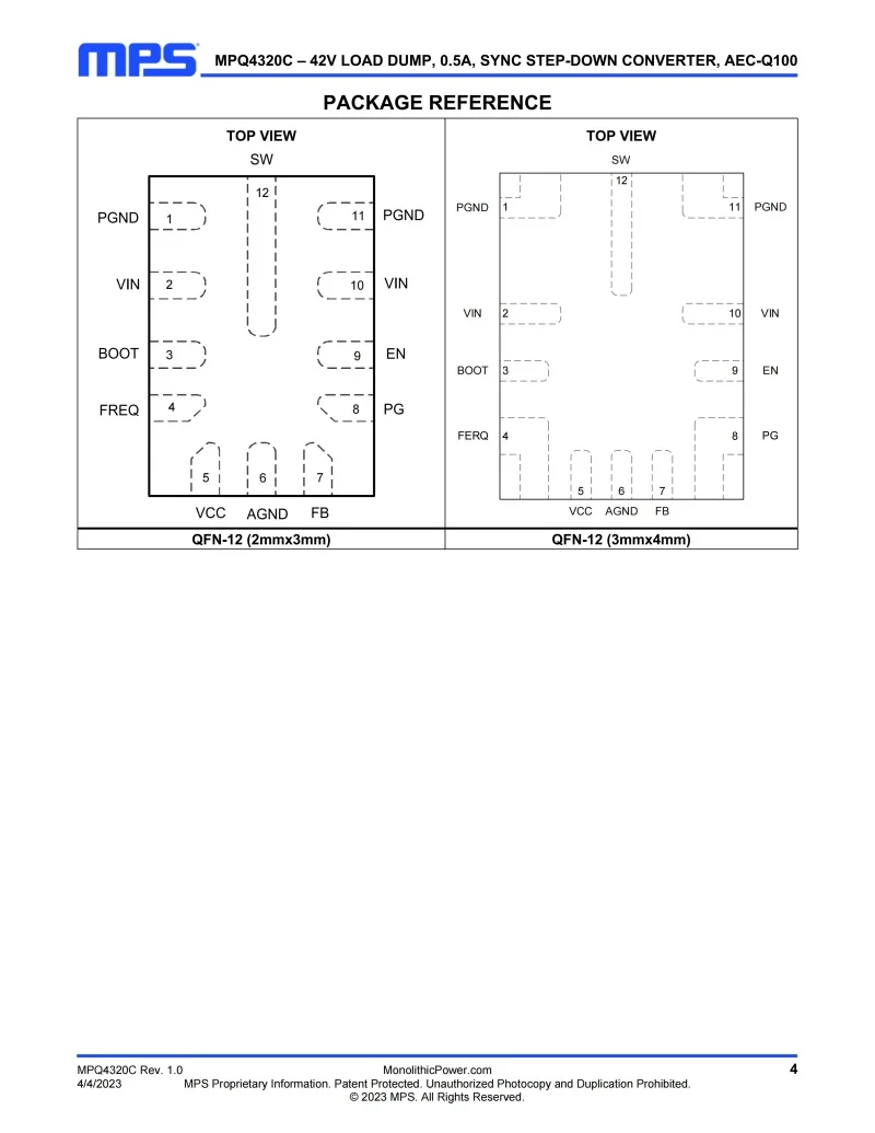 10Pcs MPQ4320CGLE-AEC1,QFN-12,4320,42V Load Dump Tolerant,0.5A,Ultra-Compact,Synchronous Step-Down Converter, AEC-Q100 Qualified