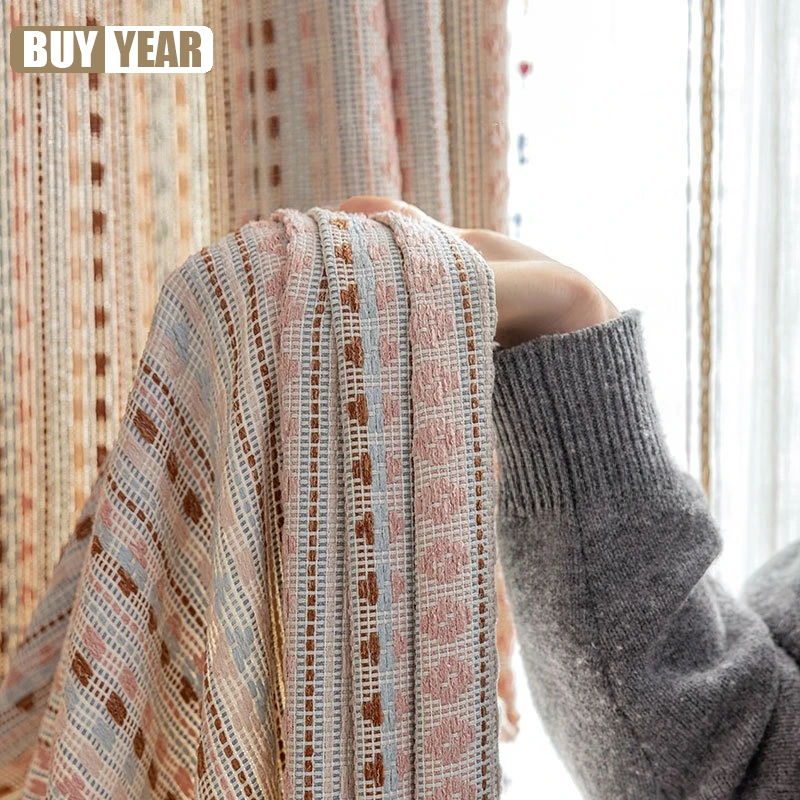 

New Children's Curtains for Living Dining Room Bedroom Striped French Girl Boy Bedroom Dyed Texture Medium Antique Window Custom