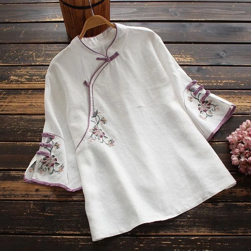 

5colors Women Cotton Linen Shirts Chinese Style Flower Embroidery Qipao Tops Retro Cheongsam Zen Tea Clothes Elegant Blouse