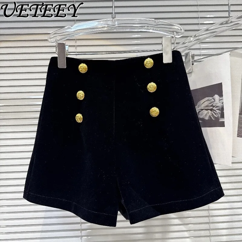 Short trois-quarts en tissu velours pour femme, pantalon court de luxe, Double rangée, boucle en métal, botte taille haute, nouvelle collection automne