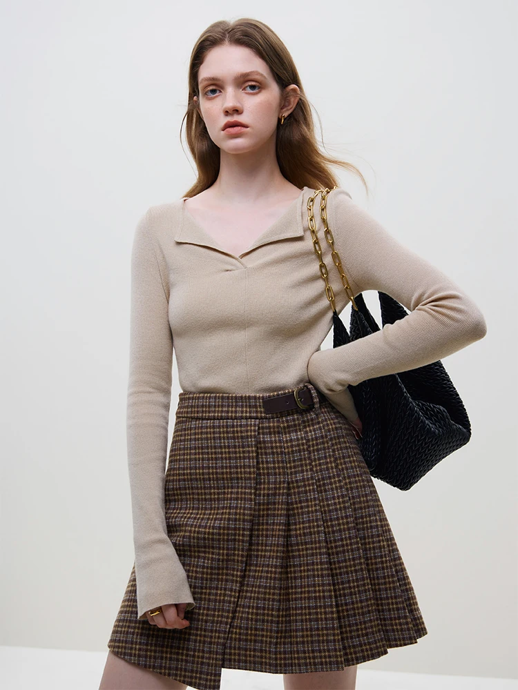 FSLE 45% Wool Women Winter High Waist Mini Skirts Irregular Design Pleated Skirt Coffee Plaid Commuter Women Above-Knee Skirt