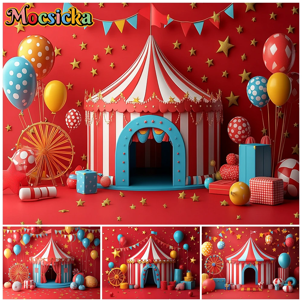 Mocsicka Red Circus Tent Photography Backdrop Balloon Ferris Wheel Kids Carnival Birthday Party Baby Shower Studio Backgrounds