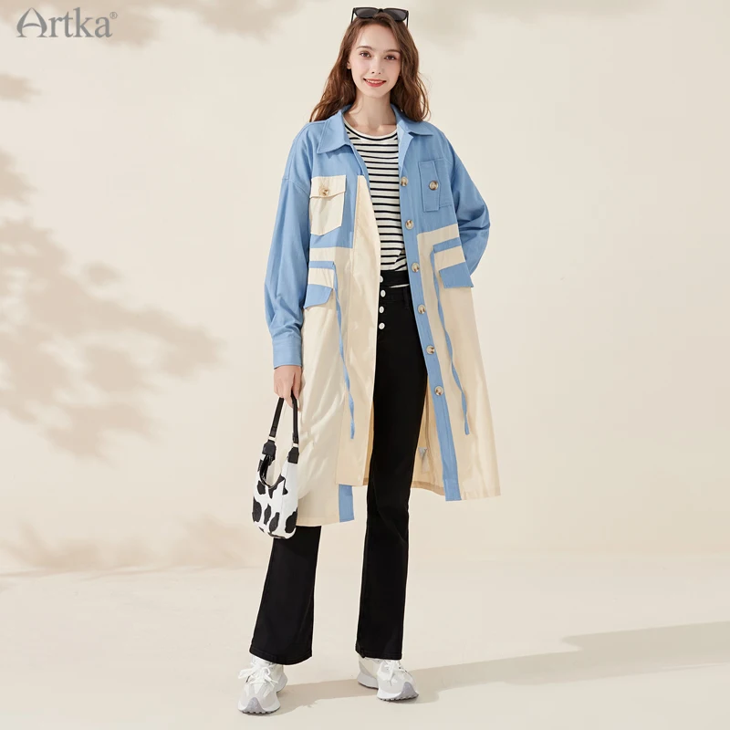 ARTKA 2022 Spring New Women Trench Coat Fashion Casual Single-breasted Long Outerwear Jackets Patchwork Windbreaker FA25002Q