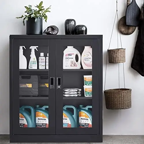 Black Metal Storage Cabinet with Doors and Shelves,36 inch Locking Display Cabinet with Acrylic Doors,Office Cabinets view 4