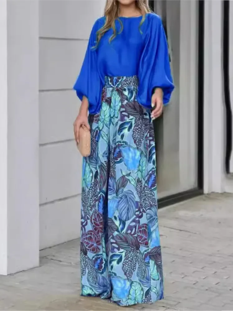 

New Spring Autumn Women's Clothing Set Fashion Printed Lantern Sleeves Loose Solid Color Top Wide Leg Pants Two Piece Set