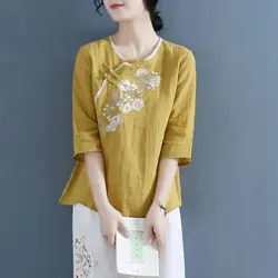 Cotton and Linen Ethnic Style Vintage Embroidered Solid Color Tops Female 2024 Spring Large Size Loose Casual All-match T-shirt