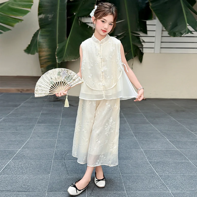 Children Clothes Girls Chinese Style Summer 2026 Embroidered Sleeveless Top and Wide Leg Pants Loose Comfortable