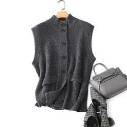 Women's Vest 2023 Autumn Winter New Cashmere Stand up Neck Casual Sleeveless Knitted Sweater Vest