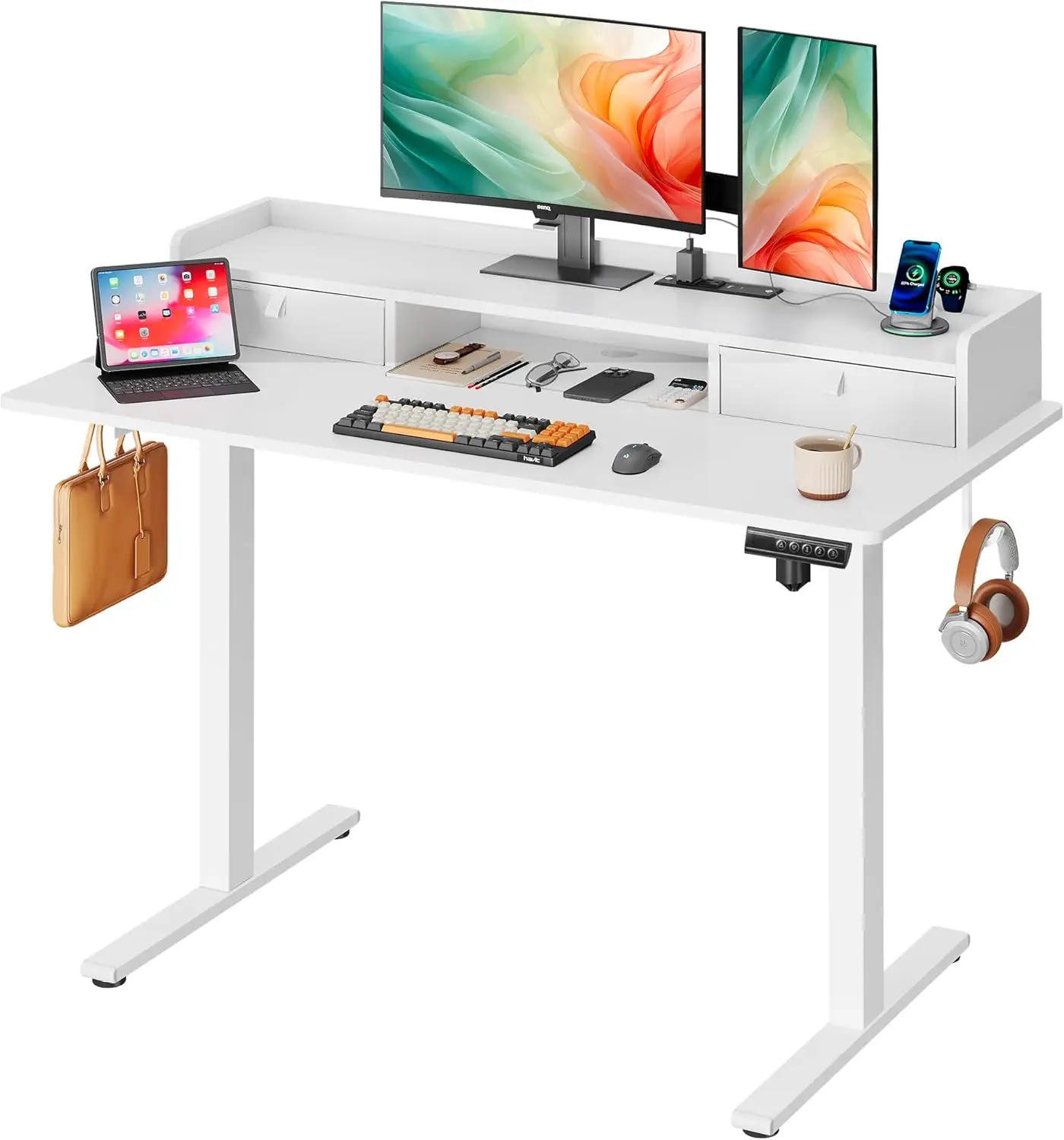 

48×24 Inch Electric Standing Desk with Drawers, Computer Desk with 3 Adjustable Height, Storage Shelf, Built-in AC & USB