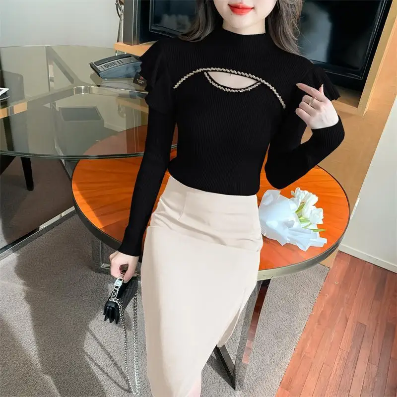 Ladies Fashion Flying Sleeve Pullover Sweater Women Clothing Girls Casual Hollow Out Knitwear Female Woman OL Sweaters PA1179 2