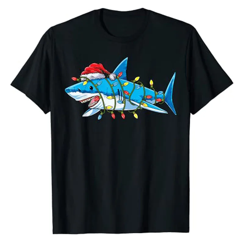 

Santa Shark Christmas Lights Sharkmas Tree Xmas Boys Men T-Shirt Xmas Costume Gifts Cute Aesthetic Clothes Short Sleeve Blouses