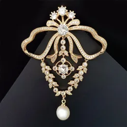 Vintage Palace Luxury Crystal Alloy Pearl Pendant Badges Pins For Women Elegant Classic Dress Clothing Bowknot Brooches Corsage