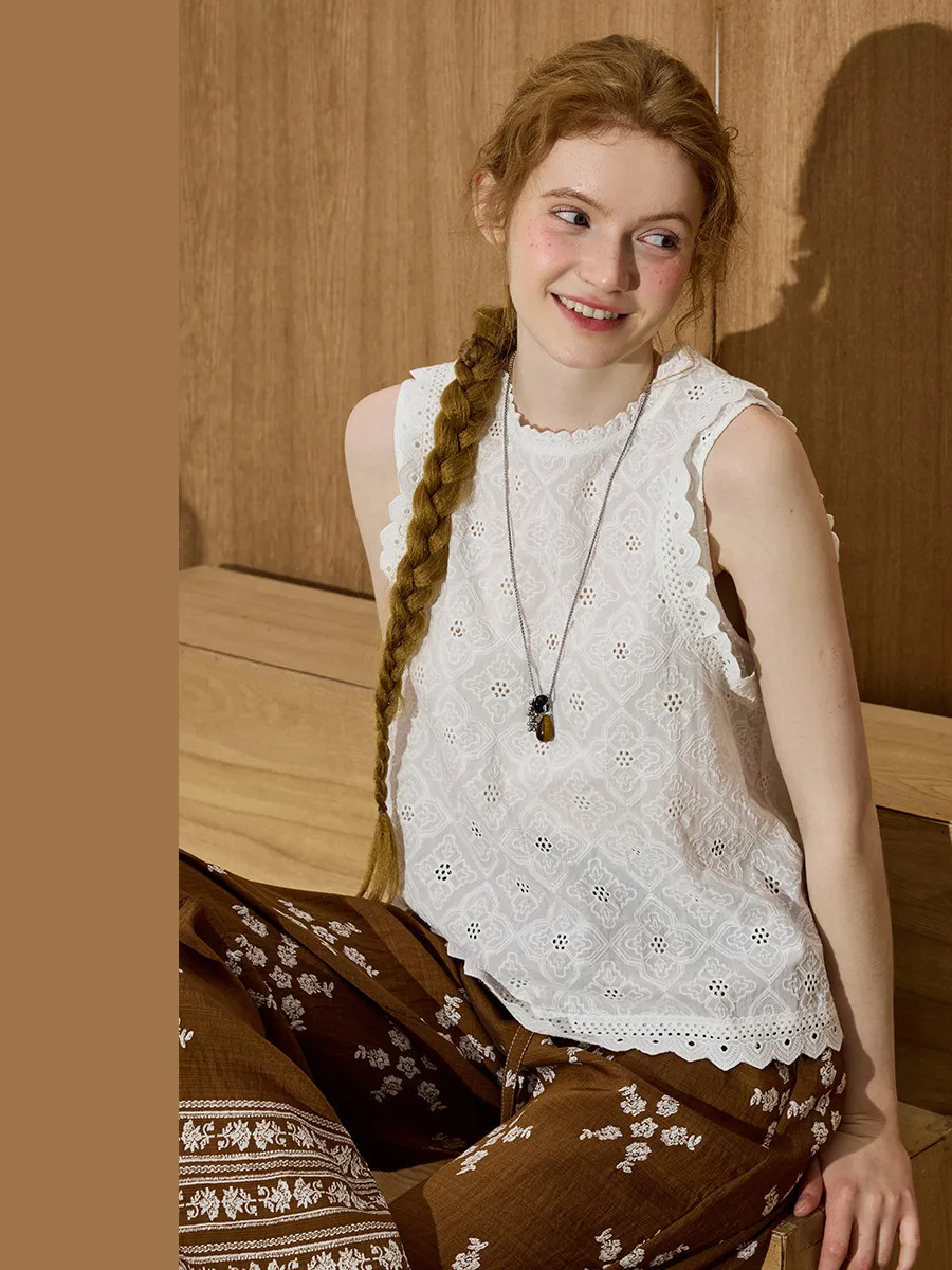 Coolhut Embroidered Lace Hem Sleeveless Back Hollow out Summer Women's Shirt round Neck Cotton Short Length Inner/Outer Wear