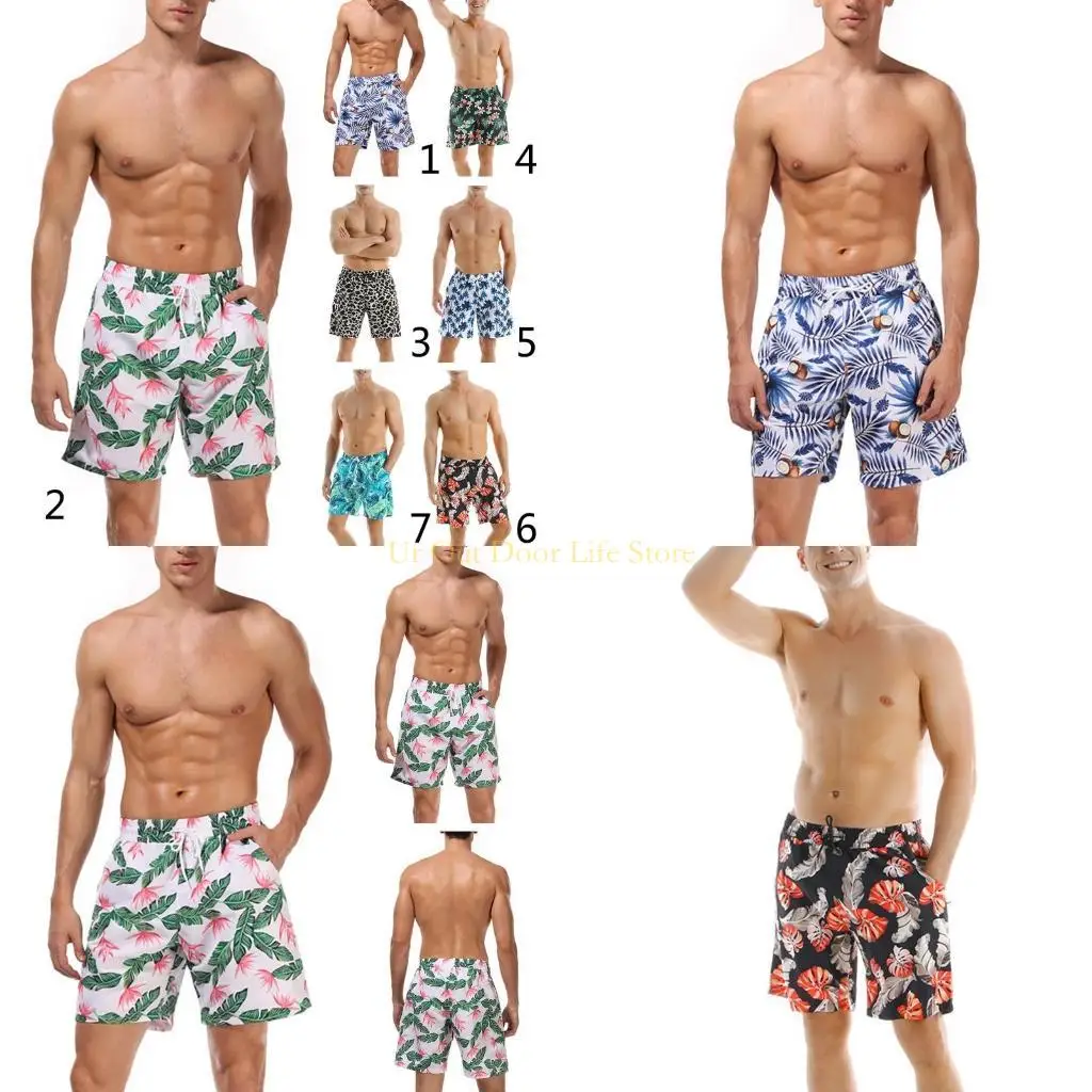 77UF Mens Quick Dry Summer Hawaiian Swim Trunks Coconut Leaves Print Board Shorts Swimwear Drawstring Waist Beach with