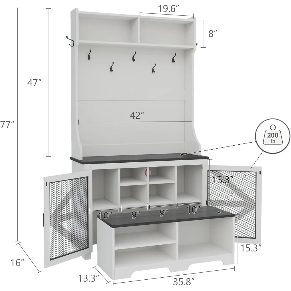 Shoe Cabinet with 9 Shoe Cubbies and 7 Coat Hooks & Removable Bench 77