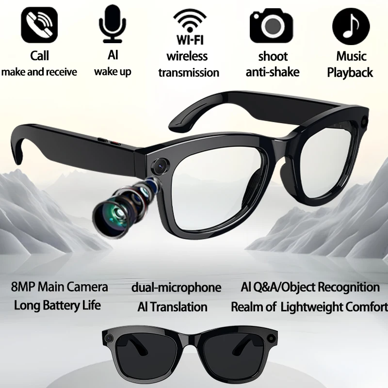

2025 New AI Translation Smart Glasses UV Protective Lenses Bluetooth Call Voice Assistant HD Camera Vedio Music Smart Glasses